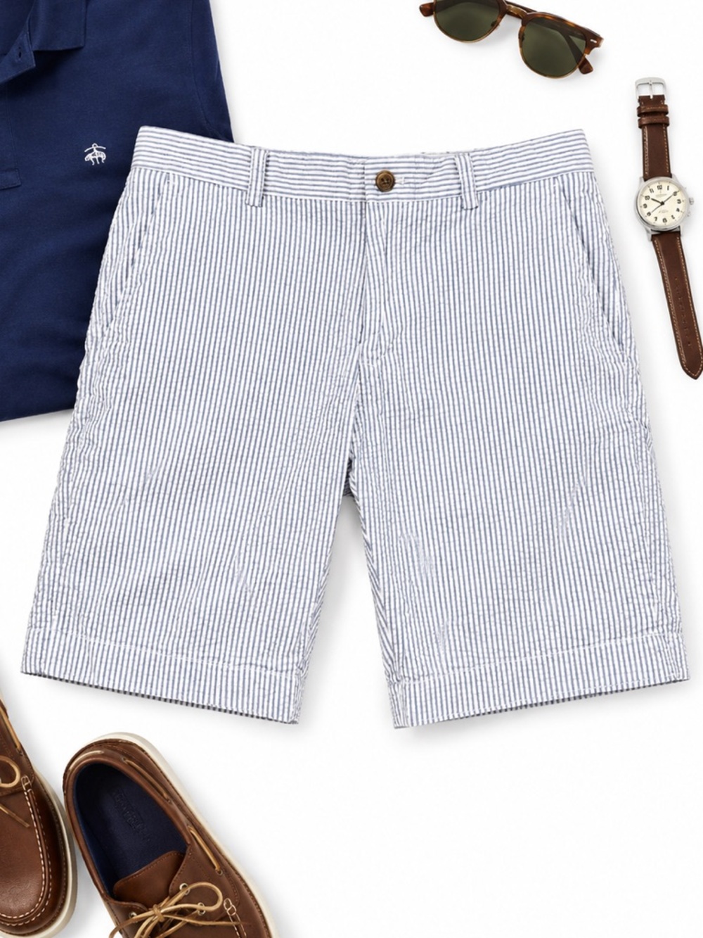 Brooks Brothers Seersucker Flat-Front Shorts - White & Blue Stripe size 32